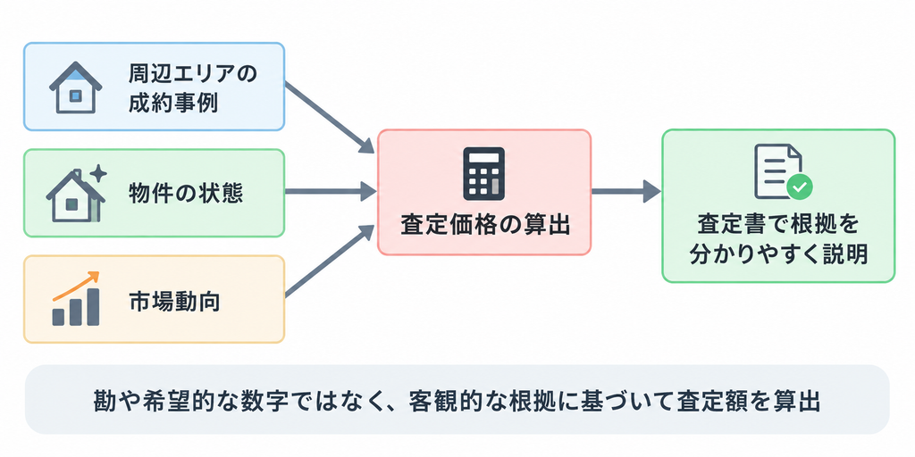 周辺の成約事例・物件状態・市場動向を基に査定価格を算出し、査定書で根拠を説明する流れの図解