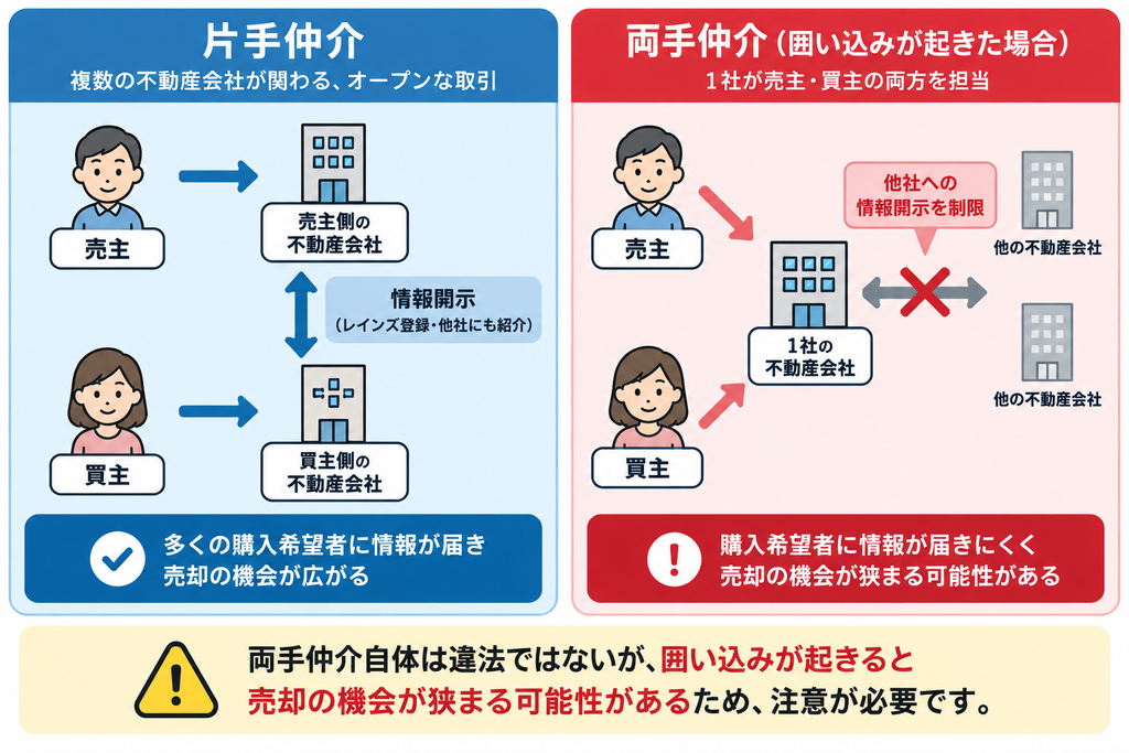 片手仲介と両手仲介で囲い込みが起きた場合の情報開示と売却機会の違いを示す比較図