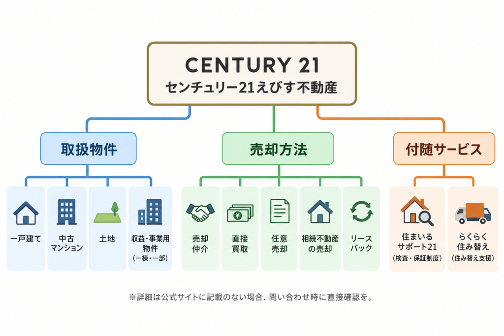センチュリー21えびす不動産の取扱物件・売却方法・付随サービスを3分類で示したツリー図