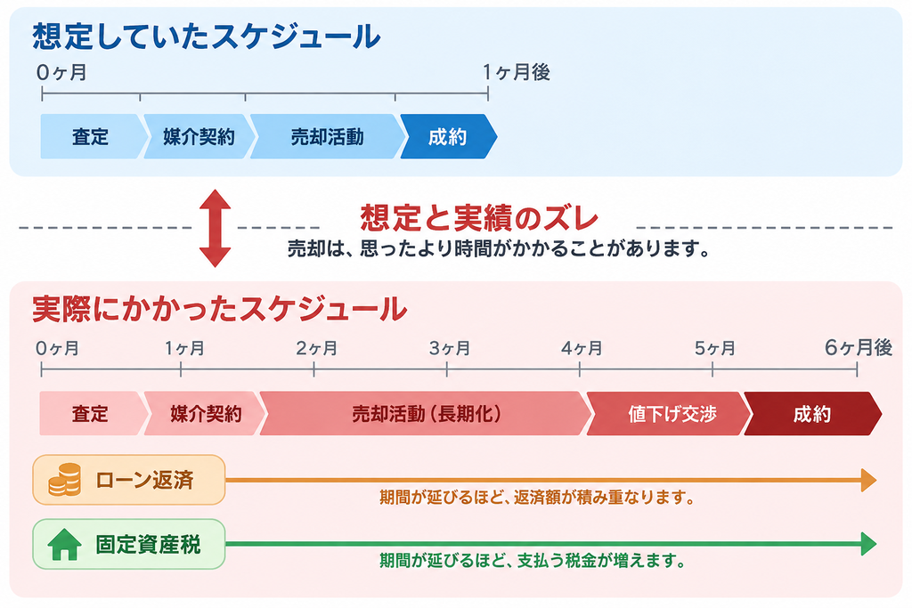 想定1ヶ月と実際3〜6ヶ月の不動産売却期間を比較し、ローン返済や固定資産税の負担増を示す図解