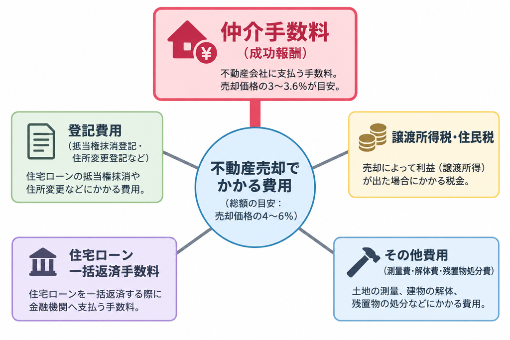 不動産売却にかかる仲介手数料・登記費用・税金・ローン返済手数料など5つの費用を示す分類図