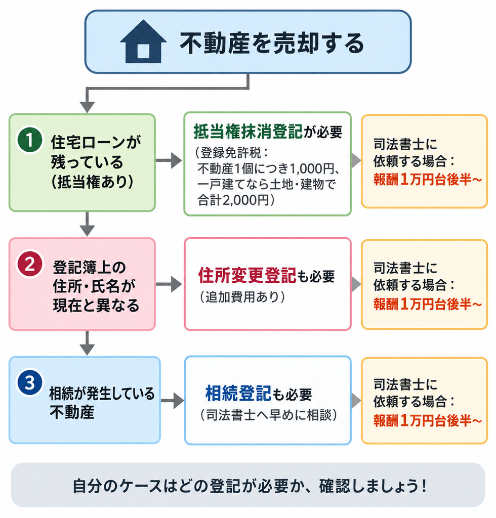 不動産売却時に必要な抵当権抹消・住所変更・相続登記と司法書士費用をケース別に示した分岐図