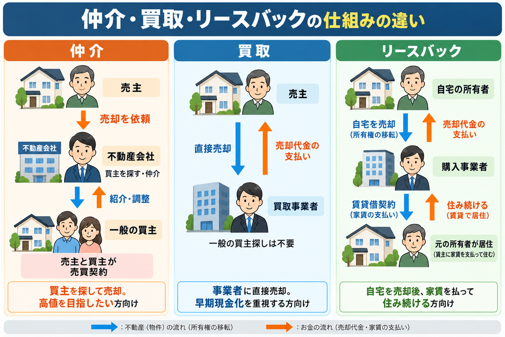 不動産売却の3つの方法「仲介・買取・リースバック」の仕組みを比較した図解。仲介は不動産会社を通じて一般の買主に売却、買取は買取事業者に直接売却、リースバックは自宅を売却後も家賃を支払って住み続ける方法。不動産の所有権移転と売却代金の流れを矢印で解説。