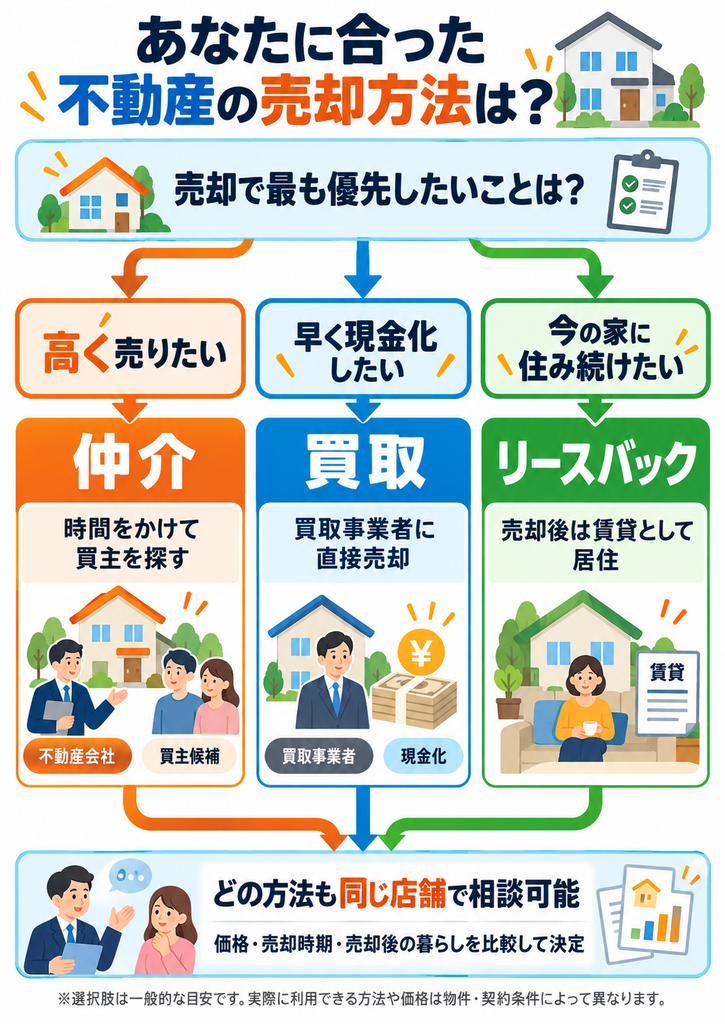 不動産売却の方法を目的別に選べるフローチャート。高く売りたい場合は仲介、早く現金化したい場合は買取、売却後も自宅に住み続けたい場合はリースバックなど、希望に合った売却方法を比較できる。