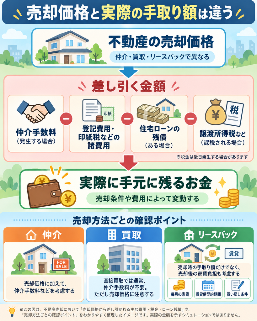 不動産売却価格から仲介手数料・登記費用・税金・住宅ローン残債などを差し引き、実際の手取り額が決まる仕組みを示した図解。仲介・買取・リースバック別の費用や、売却後の家賃負担などの確認ポイントを解説。
